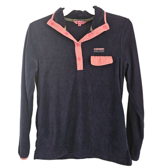 Simply Southern Fleece Jacket Womens Small Navy Blue Pink Trim 1/4 Snap Pockets - Picture 1 of 8